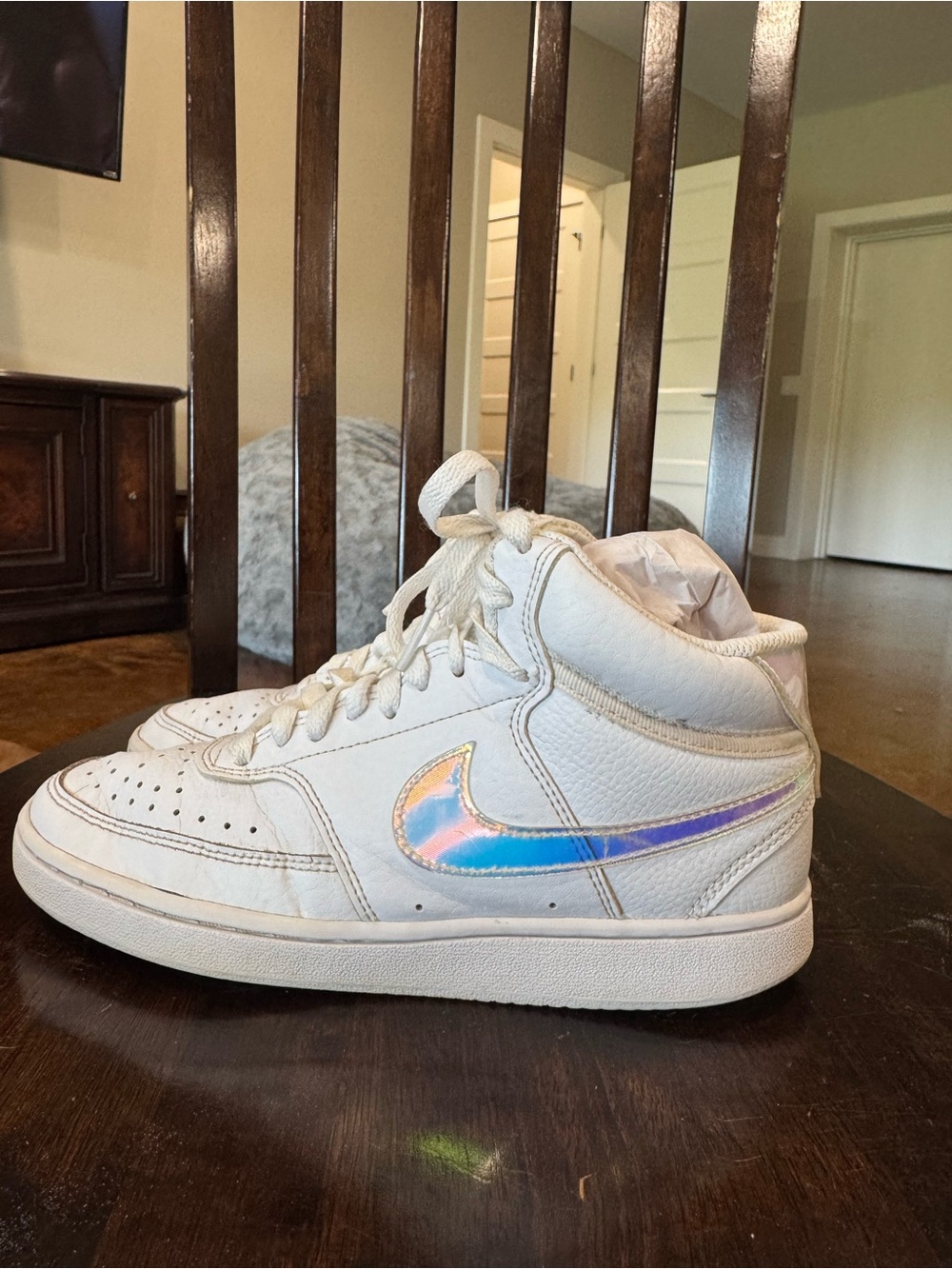 Nike White High-Top Sneakers with Holographic Swoosh (5.5 Y/7 W)